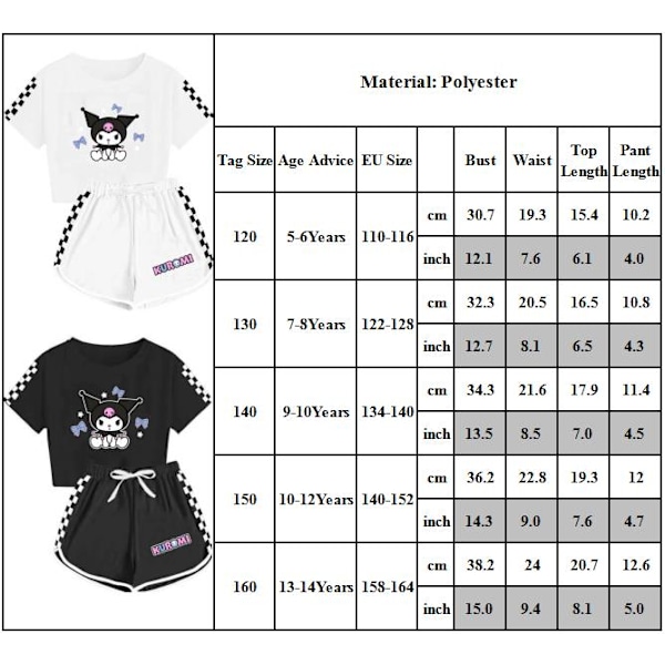 Barn Tecknad Kuromi Tryckta Kläder Set T-shirt Shorts Pyjamas Sovkläder Loungekläder Sommar Casual Träningsdräkt Black 130cm