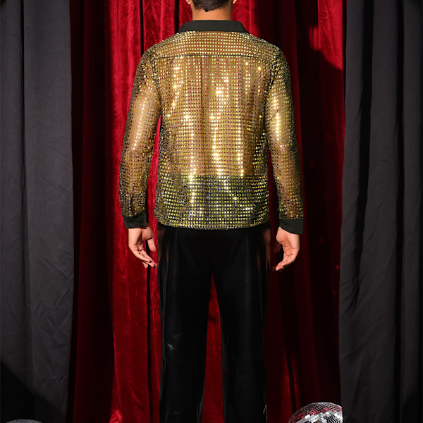 Miesten kiiltävät paljetit Esityspaita Disco-tanssipaita Pitkähihainen napitettava retro 70-luvun paita Gold XL