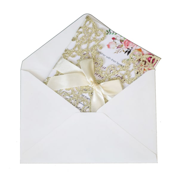 Glitter bröllopsinbjudningskort med kuverttomt och band Rose Gold 10-Pack