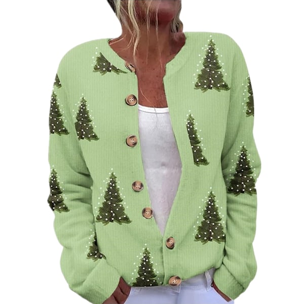 Ful Jultröja för Kvinnor Söt Jul Öppen Framknappad Tröja Koftor Höst Vinter Stickad Ytterkläder Kappa D 4XL