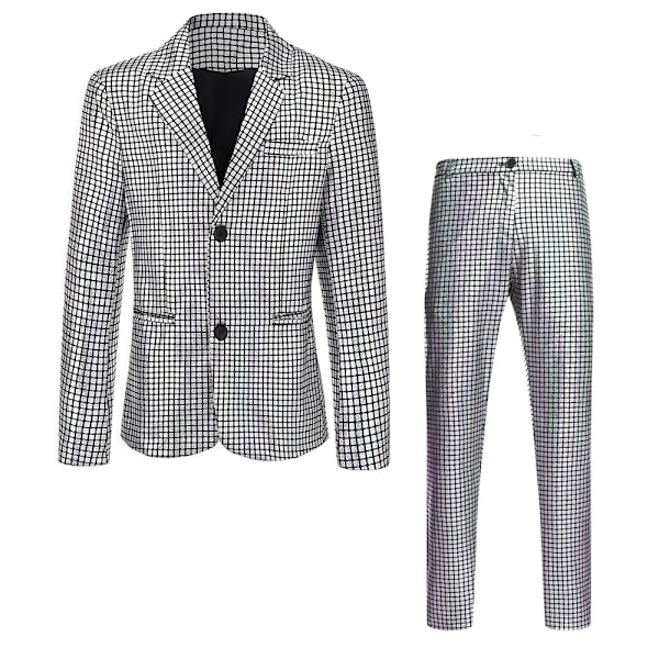 Herrar Blank Kostym Set Sekvens Fest Bröllop Formell Slank Blazer Byxor Outfit Tvådelad Kostym Silver S