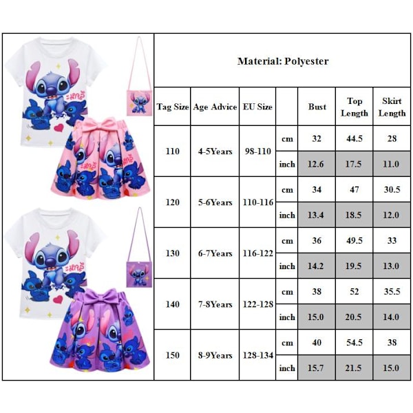 Lasten Lilo & Stitch -asut Syntymäpäiväjuhlat Prinsessa Tutu Hame + T-paita + Olkalaukku Settimekko Ikä 4-9 vuotta Rose Red 140cm