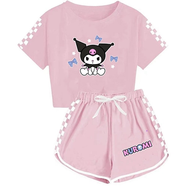Barn Tecknad Kuromi Tryckta Kläder Set T-shirt Shorts Pyjamas Sovkläder Loungekläder Sommar Casual Träningsdräkt Pink 130cm