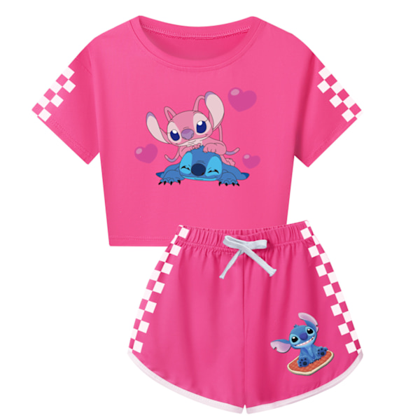 Barn Tecknad Stitch Tryckta Kläder Set T-shirt Shorts Pyjamas Sovkläder Loungekläder Sommar Casual Träningsdräkt Rose Red 110cm
