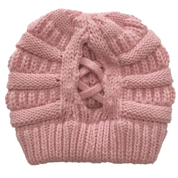 Vinter Kvinder Messy Bun Hestehale Strikket Hue Strækbar Beanie Hat Pink