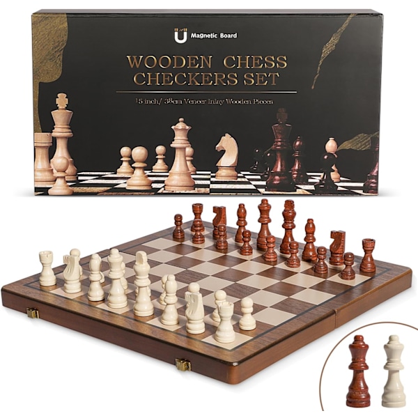Magnetiskt Schackset, Träbräde, Inkluderar 2 Extra Dam-Schackpjäser, Vikbart Bräde med Förvaringsväska Peach colored