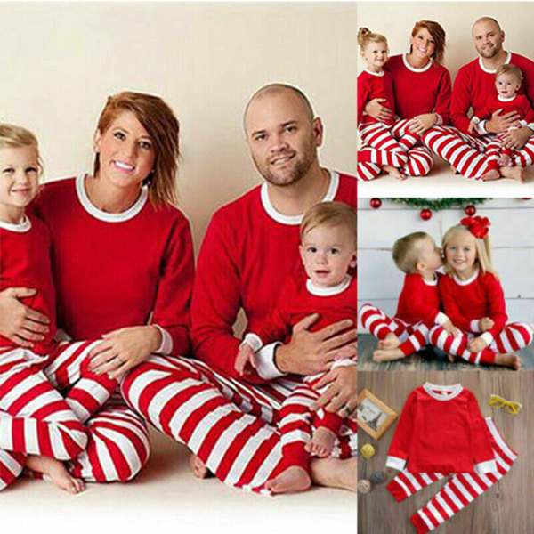 Familjematchande julpyjamas för barn och vuxna, långärmad pyjamas med T-shirt och byxor White Striped, Kid 1-2Years