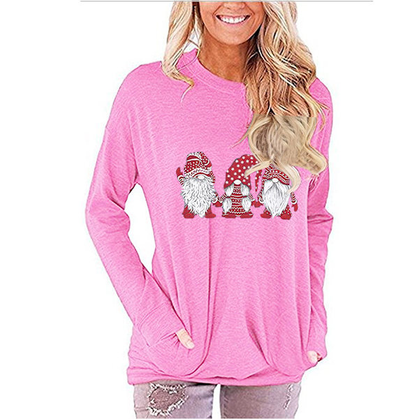 Naisten pyöreäkauluksinen pitkähihainen collegepaita kolmella joulupukkipainatuksella pink 2xl