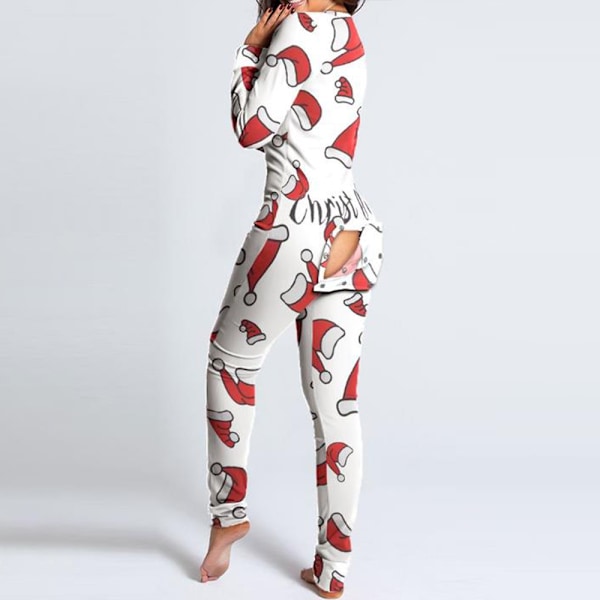 Dam Jumpsuit med Långärmad Knappar, Jultema, Elgtryck, Casual, En-Delad Pyjamas, Raka Ben, Långa Byxor, Hemkläder, Sovkläder Santa's Hat M