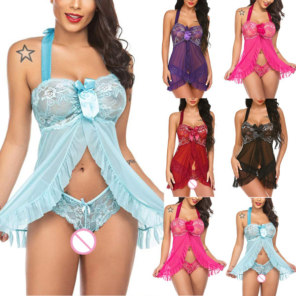 Kvinnors underkläder & string  Halter Slip Mini rosett genomskinlig blommig plus Light Blue L