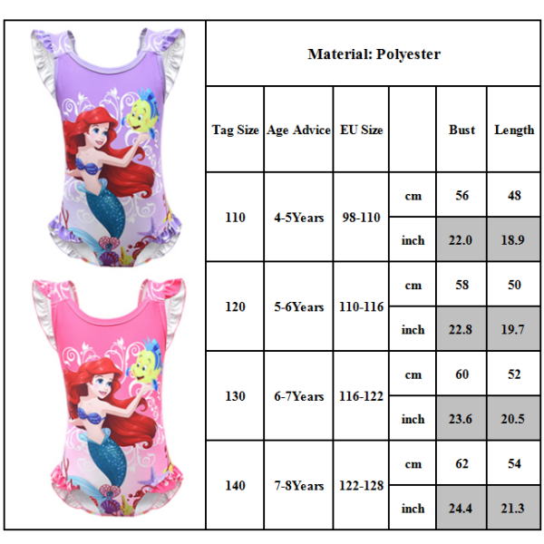The Little Mermaid Baddräkt Badkläder Strandkläder för barnflicka rose red 5-6 Years = EU 110-116