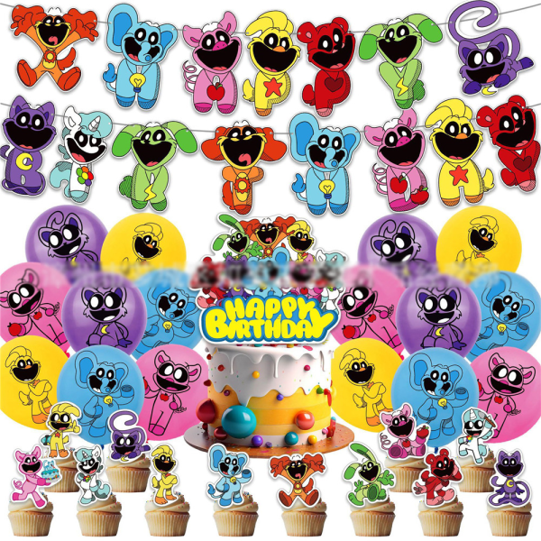 Leende Critters tema Grattis på födelsedagen Party Supply Banner Cake Toppers ballonger