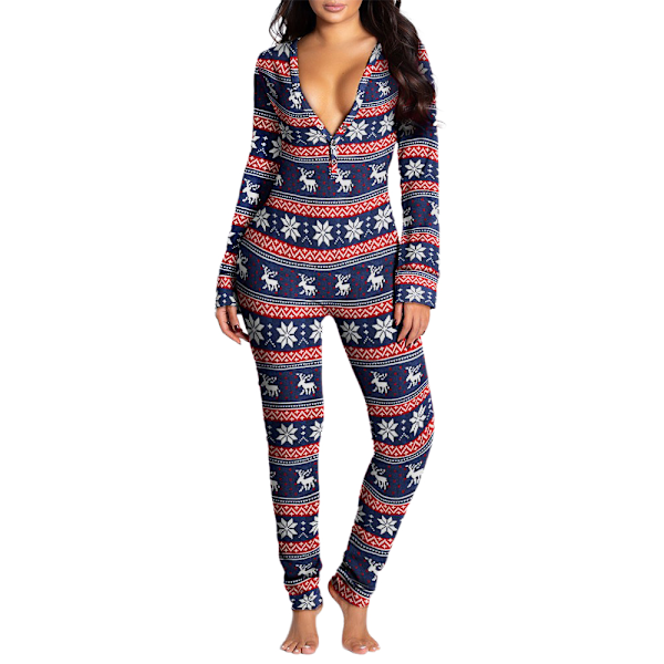 Dam Jumpsuit med Långärmad Knappar, Jultema, Elgtryck, Casual, En-Delad Pyjamas, Raka Ben, Långa Byxor, Hemkläder, Sovkläder Royal Blue S
