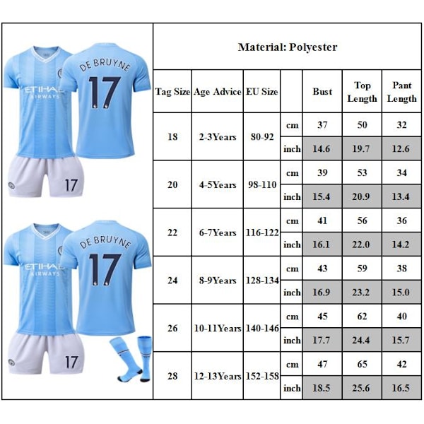 NO. 17 DE BRUYNE Fotbollströja Set Barn T-shirt Shorts Strumpor Jersey för Barn Pojkar Småbarn 20