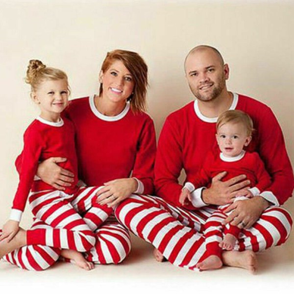 Familjematchande julpyjamas för barn och vuxna, långärmad pyjamas med T-shirt och byxor White Striped, Women XL