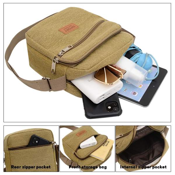 Herr Resväska Canvas Crossbody Väska Skola Dragkedja Axelväska khaki