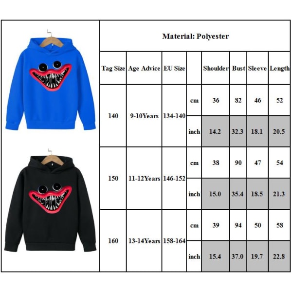 Poppy Playtime Printed Hoodie Hop Sweater Kid Game Sport Casual Black 150cm