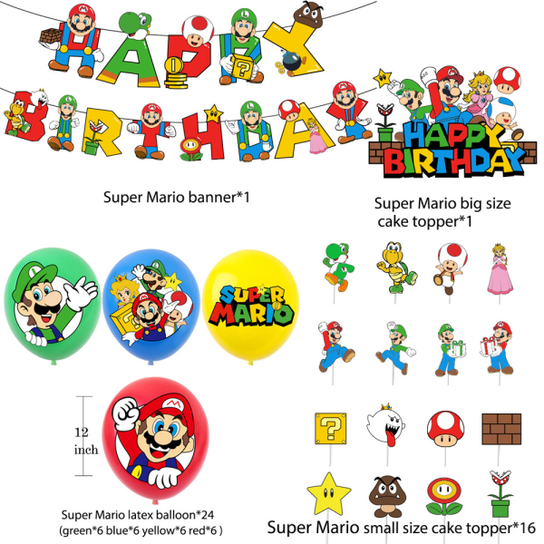 Super Mario Tema Barn Födelsedagsfest Ballong Banner Cake Set