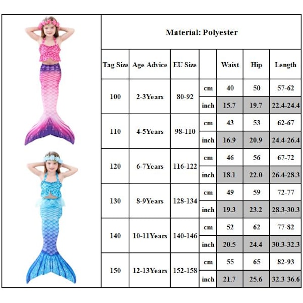 Barnflickor sjöjungfru svans baddräkt badkläder strand pool simdräkt 3 delar set B 140cm