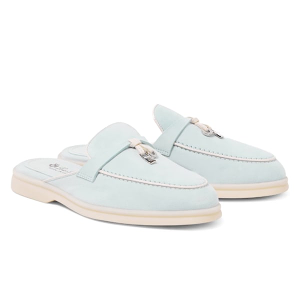 LORO PIANA Charms Walk utsmyckade mockasiner i mocka Light Blue 40