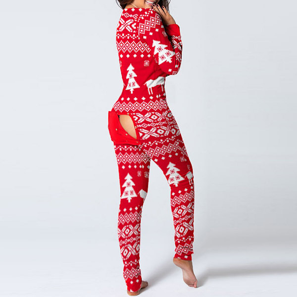 Julejumpsuits med lange ærmer og knapper til kvinder, elgprint, afslappet ét stykke pyjamas, lige ben, lange bukser, hjemme-nattøj Xmas Tree M