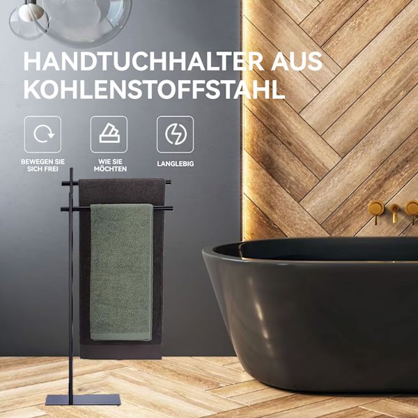 Håndklædeholder, fritstående håndklædestativ, badehåndklædeholder, badeværelseshåndklædestang, med 2 håndklædestænger, metal, sort