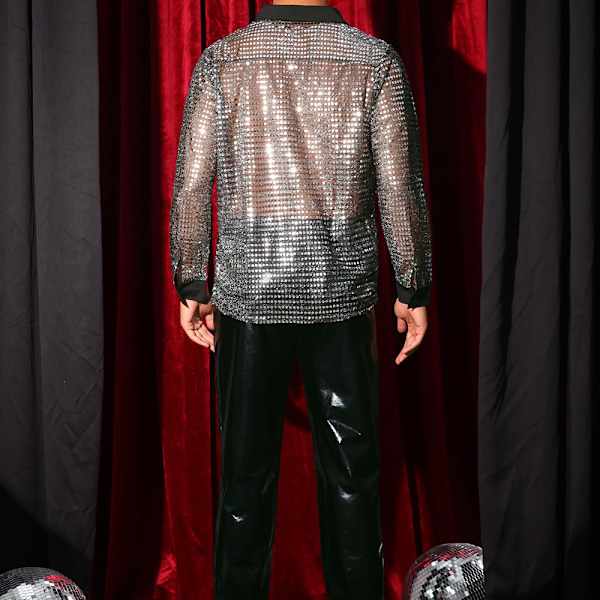 Miesten kiiltävät paljetit Esityspaita Disco-tanssipaita Pitkähihainen napitettava retro 70-luvun paita Silver 3XL