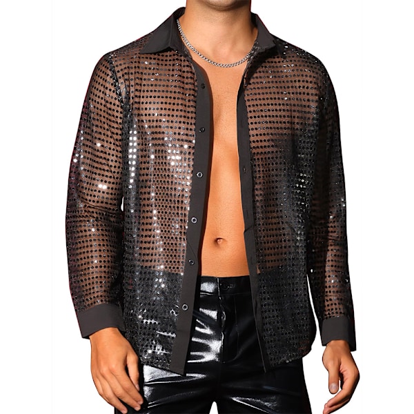 Miesten kiiltävät paljetit Esityspaita Disco-tanssipaita Pitkähihainen napitettava retro 70-luvun paita Black M