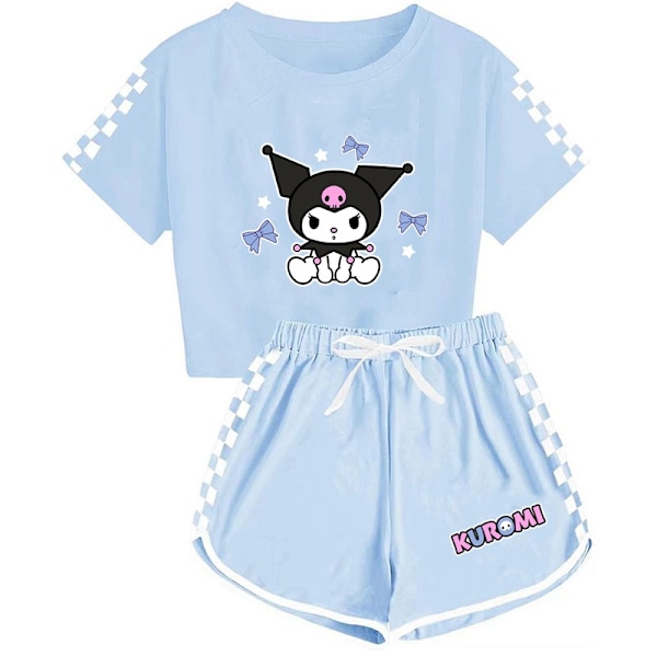 Barn Tecknad Kuromi Tryckta Kläder Set T-shirt Shorts Pyjamas Sovkläder Loungekläder Sommar Casual Träningsdräkt Light Blue 150cm