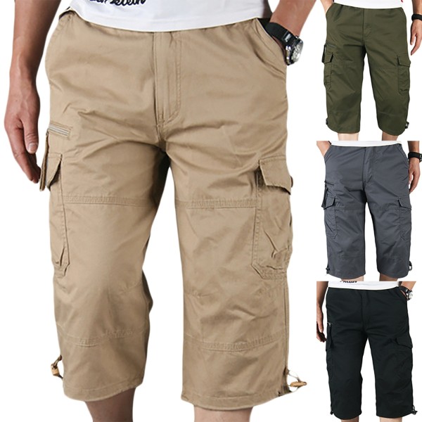 Herrbyxor Multi Pocket Cropped Cargo Shorts Loose Fit Sports Khaki XL