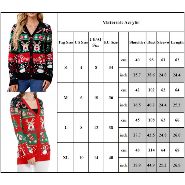 Dame Cardigan Striktrøjer Jul Knap Ned Strik Cardigans Casual Langærmede Jakker Plus Størrelse Efterårsjakker Julegaver Red XL
