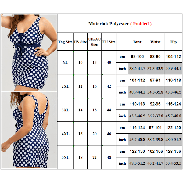 Dam Överdimensionerad Djup V Prickig Miniklänning Baddräkt Sommar Strand Blue 4XL