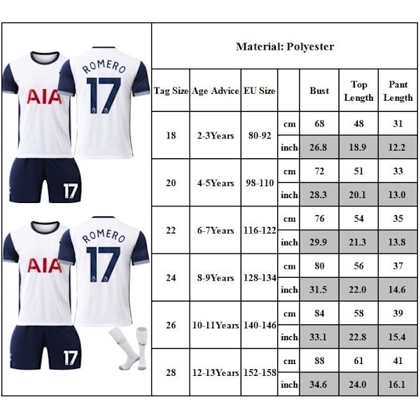 NO. 17 ROMERO Fotbollströja Set för Barn T-shirt Shorts Strumpor Tröja för Barn Pojkar Småbarn 18