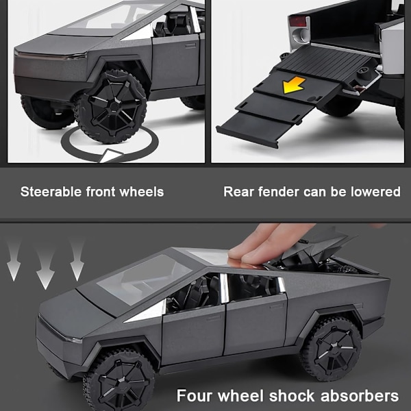 Tesla Cybertruck painevalettu lelu - Metalliseoksesta valmistettu avolava-auto ääni- ja valoefekteillä Silver