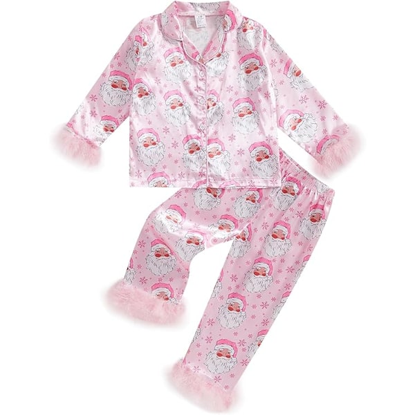 Flickor Pyjamas Julpyjamas För Småflickor Små Barn Långärmad Nattkläder Knappar Satin Pyjamas Set För 7-13 År Pink 8T