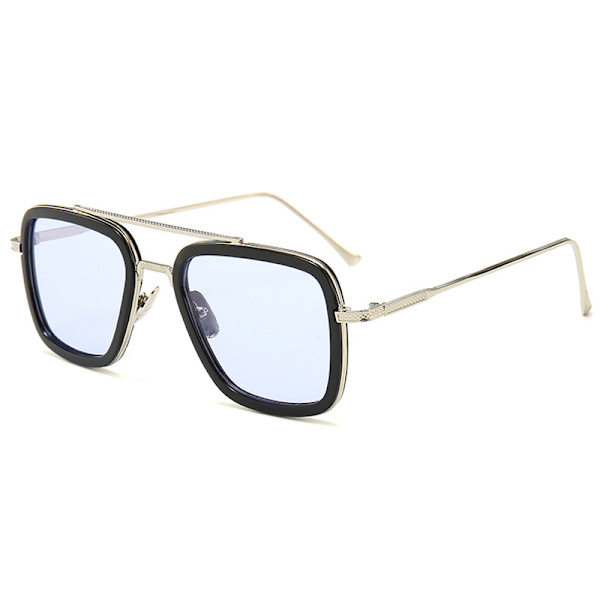 Herr Solglasögon Kvadrat Ram Refraktion UV-skydd Utomhus Silver Frame Blue Lenses 1pair