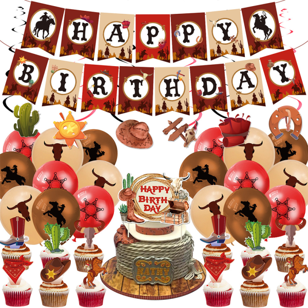 Grattis på födelsedagen Banner Dekorationer Ballonger Tårta Topper för barn Röd Kaffe Kaki Western Cowboy