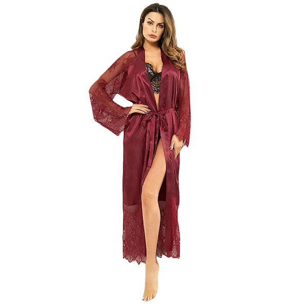 Dam Silkeslen Spets Sexig Underkläder Robes Lace Up Nattkläder Wine Red M