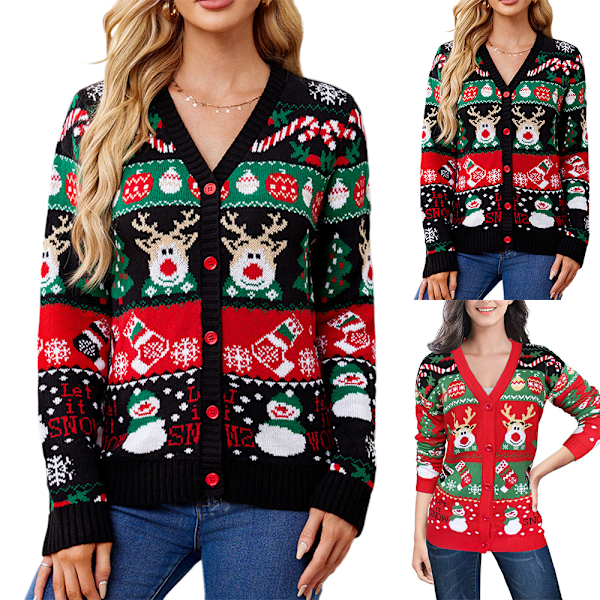 Dame Cardigan Striktrøjer Jul Knap Ned Strik Cardigans Casual Langærmede Jakker Plus Størrelse Efterårsjakker Julegaver Red L