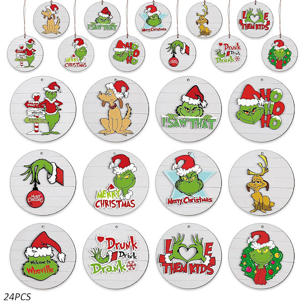 24 st Grinch julhängande ornament, trähänge gröna julgransdekorationer för hem vägg dörr, semester eller födelsedagspresent till barn vän 24PCS