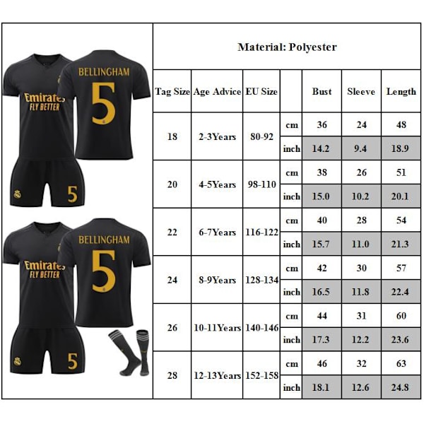 NO. 5 Bellingham Fotbollströja Set för Barn T-shirt Shorts Strumpor Tröja för Barn Pojkar Småbarn 24