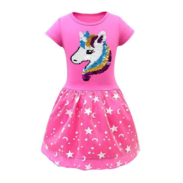 Kids Girl T-Shirt Princess Kort Klänning Crew Neck Unicorn Tulle rose red 100cm