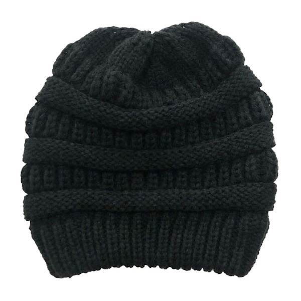 Vinter Kvinder Messy Bun Hestehale Strikket Hue Strækbar Beanie Hat black