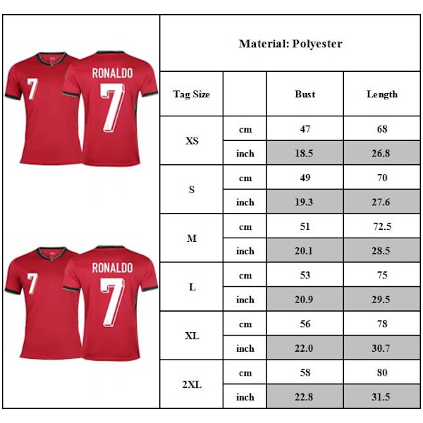 2024 Portugal Hemma Fotbollströjor, NO.7 RONALDO Fotbollströja, Sport Träning Kortärmad Fotbollstopp för Herr Fotbollströja 2XL