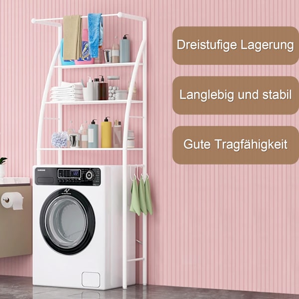 Kylpyhuoneen hylly, 3-tasoinen kylpyhuoneen hylly, pystyteline 3 koukulla, alhaalta seisova rumpupesukoneen teline, monitoiminen säilytysteline, liukumaton