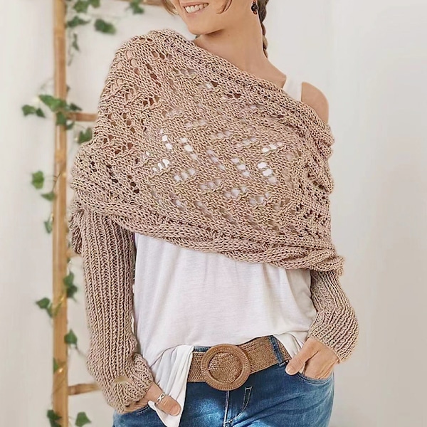 Dam Scarf, Stickad Kabelomslag, Multifunktionell Stickad Virkad Stickad Kokong Sjal med Ärmar Khaki
