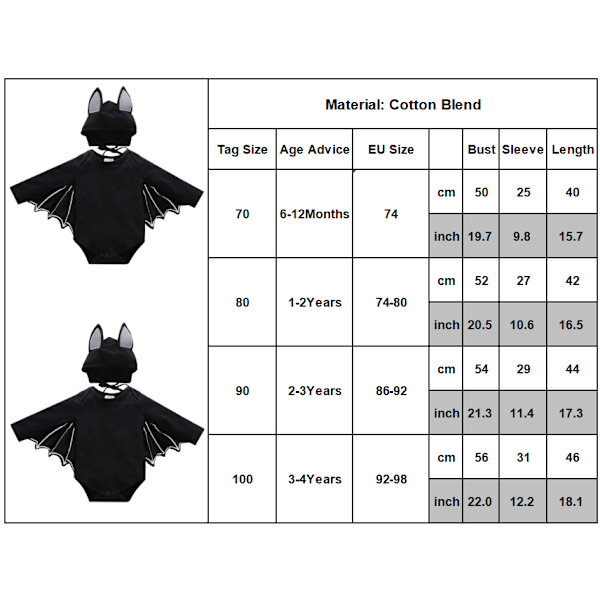 Halloween Lasten Vauvan Lepakko Hiha Onesie Cosplay Juhlapuku black 70cm