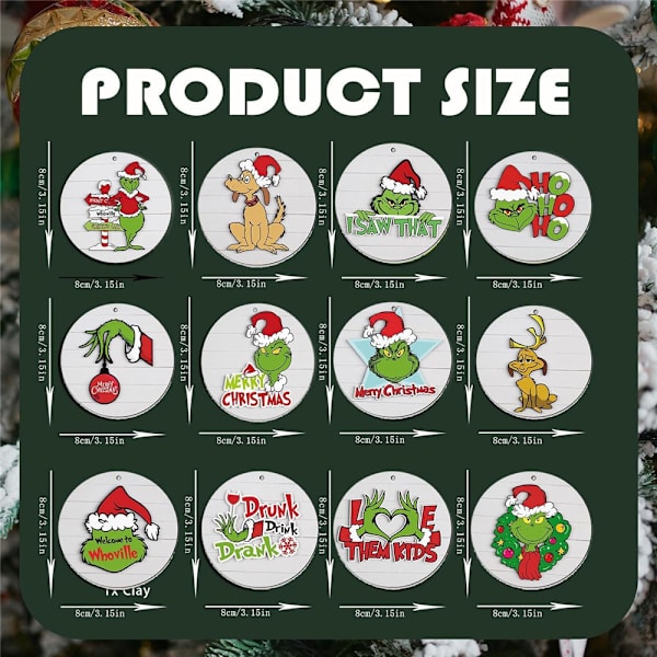 24 st Grinch julhängande ornament, trähänge gröna julgransdekorationer för hem vägg dörr, semester eller födelsedagspresent till barn vän 24PCS