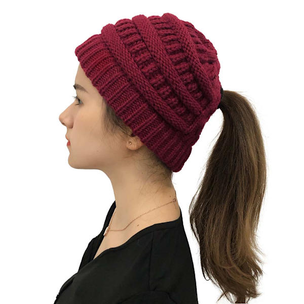 Vinter Kvinnor Rörig Bun Hästsvans Stickad Mössa Stretchig Mössa Maroon