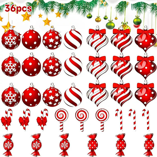 36 st julgransprydnader i form av pepparkaks-klubbor, röda och vita hängande dekorationer för nyårsfest 36PCS
